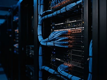 Low-key dramatic macro shot of a sleek server rack with neatly routed blue cables and copper-accented connectors in a dark data center, 35mm