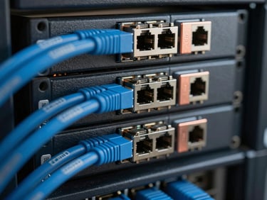Macro shot of neatly organized server rack with pristine blue Cat6 ethernet cabling, sharp focus on RJ45 connectors, industrial copper accents, dark technical photography, 35mm