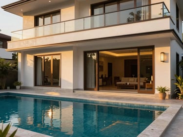 Warm editorial architectural photography of a modern villa exterior in Bengaluru, golden-hour sunlight reflecting off a pristine private pool, 35mm lens