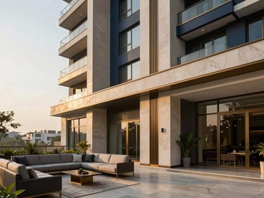 Warm editorial architectural photography of a modern high-rise apartment interior in Noida, spacious living room, golden-hour light, crisp details, 35mm lens