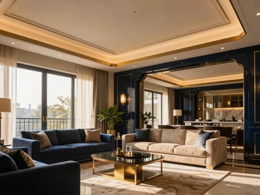 Sun-drenched luxury apartment living room in Gurugram, high ceilings, warm natural light, premium finishes, architectural detail