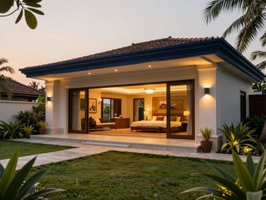Warm editorial architectural photography of a luxury coastal villa in Goa, lush landscaped garden, warm evening light, high-end design, 35mm lens