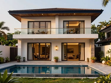 Modern luxury villa facade in North Goa, private pool, lush landscaped surroundings, warm evening golden hour light