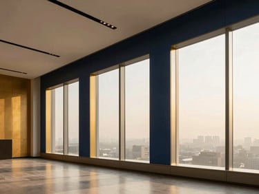 Warm editorial architectural photography of a premium commercial office interior in Mumbai, clean lines, floor-to-ceiling windows, soft golden light, 35mm lens