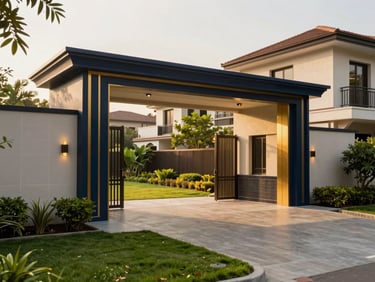Warm editorial architectural photography of a premium residential plot in Alibaug, clean gated community entrance, warm sunlight, manicured lawns, 35mm lens