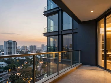 Elegant modern high-rise penthouse balcony overlooking Bengaluru skyline, dusk lighting, premium glass railings