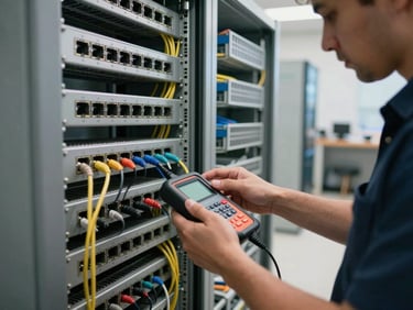 Wide shot inside a commercial building showing a technician testing a completed network patch panel with a cable certifier tool, overhead natural light filling the equipment room, tidy cable management trays visible in the background, focus on the technician's hands and the testing device