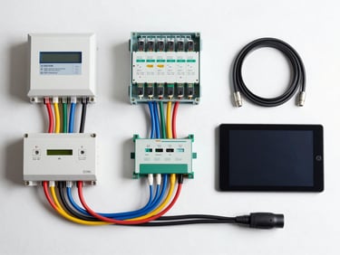 Overhead flat-lay of a residential smart-home wiring hub—neatly dressed control modules, labelled low-voltage cables, and a mounted touchpad controller on a clean white surface under bright studio light