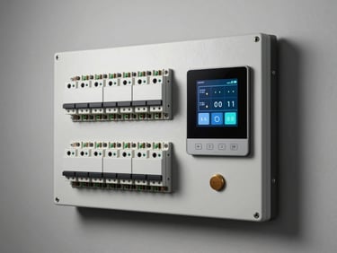 Detail shot of a completed IoT building automation control panel mounted on a commercial wall—smart relay modules, touch-screen interface showing lighting and HVAC zones, studio strobe lighting highlighting the clean panel organisation