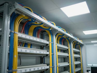 Wide environmental shot inside a commercial IT room showing a completed structured cabling installation—neatly bundled cable runs along the ceiling tray, all cables labelled and terminated, natural overhead lighting, no people