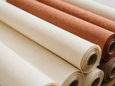 Close-up editorial photograph of tightly stacked rolls of different colored technical fabrics, showing texture and weave, under soft studio lighting.