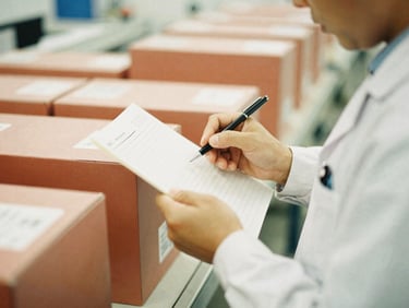 A quality control inspector examining goods on a production line with a checklist, detailed and precise, warm daylight, shallow depth of field, 35mm film aesthetic.