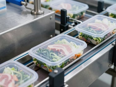 A series of sealed plastic trays containing fresh food moving along a stainless steel conveyor belt, high-contrast metallic details