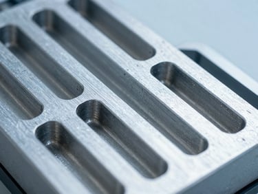 Macro shot of a heavy-duty aluminum thermoforming mold with precise geometric cavities, sharp technical details, 50mm