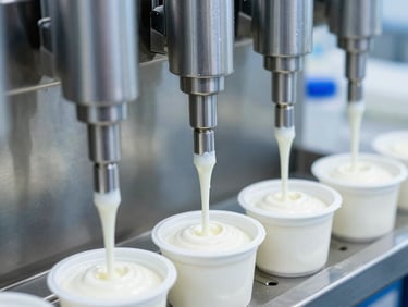 Close-up of high-precision filling nozzles dosing white yogurt into thermoformed cups, bright clean industrial lighting, stainless steel surfaces