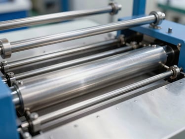 Sharp industrial photography of a stainless steel thermoforming station, bright clean lighting, metallic steel tones, high detail macro, 50mm