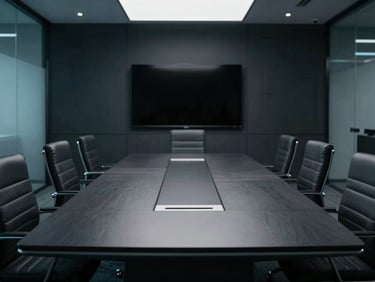 Sleek executive boardroom in soft focus, cool low-key corporate lighting with subtle teal ambient glows, sharp focus, 35mm