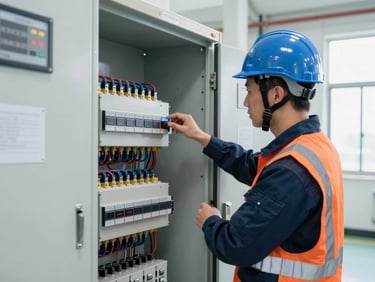 Medium shot of a certified engineer in clean safety PPE and helmet, inspecting a highly organized industrial electrical control panel with precise wiring, crisp daylight, 35mm