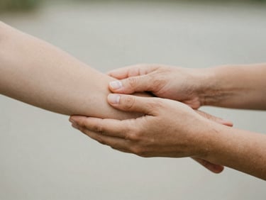 Close-up of hands gently guiding a stretch, showing controlled movement, soft natural daylight, earthy muted tones, shallow depth of field, 35mm
