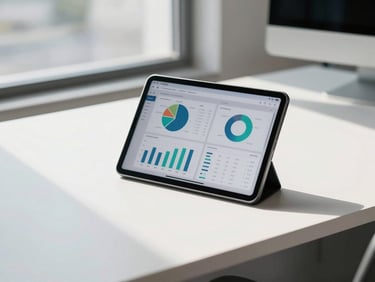 A clean, minimalist desk with a tablet displaying data charts, natural light, professional corporate photography.
