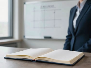 An executive notebook open on a table, whiteboard with clean diagram in background, soft office window lighting.