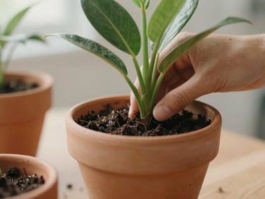 Close-up of hands gently repotting a plant into a terracotta pot, soft morning light, warm editorial style