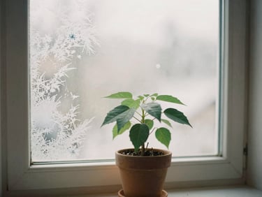 A potted plant sitting near a frost-patterned window, soft diffused winter light, cozy editorial atmosphere
