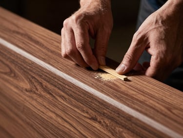 Extreme close-up of a craftsman's hands carefully leveling a high-end walnut cabinet, dramatic side-lighting, sawdust texture visible, dark background
