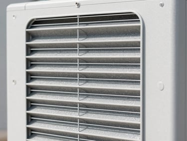 Close-up of a sound-dampening material within a modern HVAC unit, clean technical aesthetic, bright indirect daylight, cool desaturated tones, sharp focus.