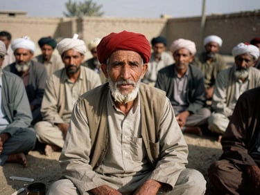 A Pathan tribal elder speaking during a community jirga gathering in northern Balochistan, natural daylight, deep saturated earth tones, raw photojournalism.