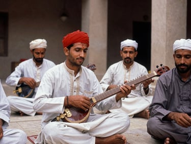 Young Balochi musicians playing traditional stringed instruments under natural light in a courtyard, raw documentary framing, focused expressions.