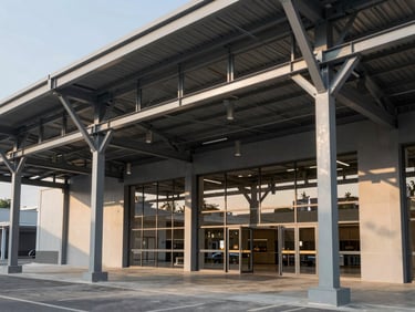 Wide shot of a massive commercial steel canopy and pergola structure at a retail complex entrance, modern architectural design, steel gray tones, dramatic daylight casting structural shadows