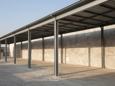 Architectural photography of a large modern commercial metal pergola installation, steel gray powder-coated structures, sharp geometric shadows cast on concrete, warm Saudi afternoon sunlight, 35mm