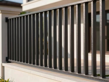 Modern architectural iron fence bordering a luxury villa, clean vertical lines, sharp geometric shadows, high-contrast sunlight.