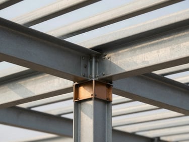 Close-up of a seamless welded joint on a powder-coated steel pergola frame, warm bronze accent highlight, clean lines, sharp shadows.