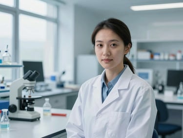 Environmental portrait of a female engineer in a clean modern UK laboratory setting, soft window light, shallow depth of field, cool blue tones