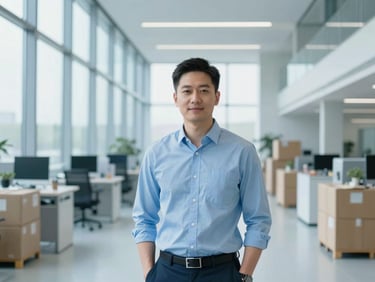Environmental portrait of a logistics manager in a modern, brightly lit UK distribution hub, clean architectural lines, cool blue tones