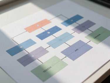 Overhead wide shot of a printed system architecture diagram on a flat surface, showing clearly labeled isolated module boundaries with color-coded zones, cool north-facing daylight, clean white background