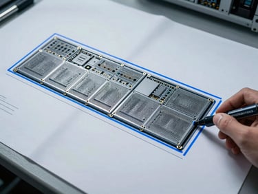 Wide overhead shot of a modular server infrastructure diagram on a matte white surface, one new module boundary being drawn in steel blue marker at the right edge, existing zones clearly delineated, cool north-facing daylight, blueprint aesthetic