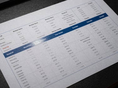 Wide overhead studio shot of a modular chain-of-custody data visualization printed on matte paper, segmented into labeled columns — tenant ID, module name, service handler, timestamp — with a steel-blue accent line separating tenant domains, cool even lighting, geometric sans-serif annotations visible in each column