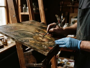 Macro photograph of a restorer's hands using a scalpel to clean an ancient painting, dramatic chiaroscuro window light, warm wood tones, 35mm