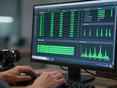 Close-up of a network monitoring dashboard screen showing automated AI diagnostic logs, green status indicators and signal strength readings, cool studio lighting, operator hands at keyboard in soft background