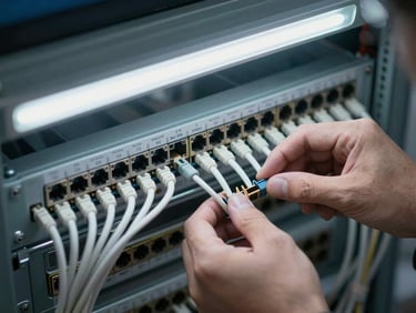 Overhead shot of a fiber patch panel with labeled ports and tidy cable runs under cool fluorescent light, operator hand visible adjusting a connector