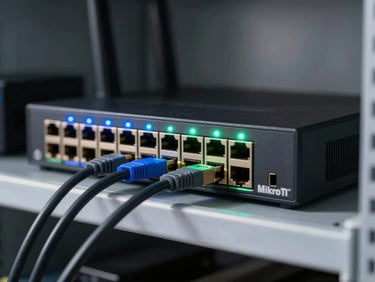 Close-up of a MikroTik router on a metal rack shelf, status LEDs illuminated in blue and green, ethernet cables entering the ports, NOC background slightly out of focus