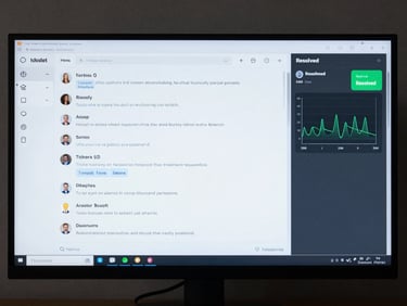 Wide monitor screen showing an AI support chat interface with a ticket conversation log, signal quality graph on the right panel, and a green resolved status badge, photographed straight-on under cool diffused light, no reflections