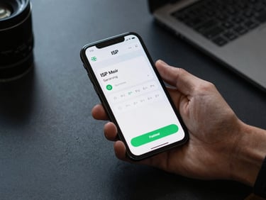 Hand holding a smartphone displaying a branded ISP mobile app with service status screen and a payment button, dark desk surface beneath, cool studio lighting