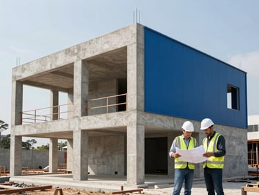Wide shot of a modern Brazilian construction site in daylight, concrete structures rising, engineers in white helmets and safety vests looking at blueprints, clean architectural lines.