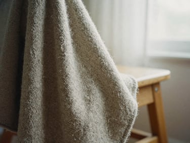 Extreme macro crop of a heavy un-dyed wool blanket draped over a simple oak chair, soft morning window light casting gentle shadows, revealing the raw, uneven weave, 35mm.