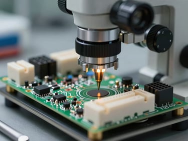 Close-up of a high-voltage circuit board under a diagnostic microscope with soldering tools visible, cold technical lighting.