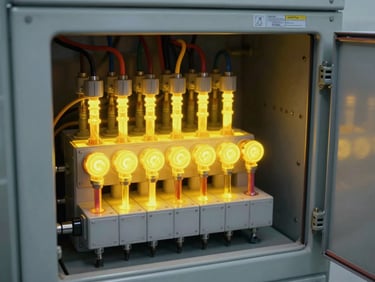Thermal imaging scan of an industrial electrical panel, ironbow color scale showing bright yellow heat signatures on high-resistance connections.